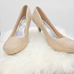 Silver Slipper Rhinestone Glitter Pumps Womens 8M Champagne Gold Kitten Heel